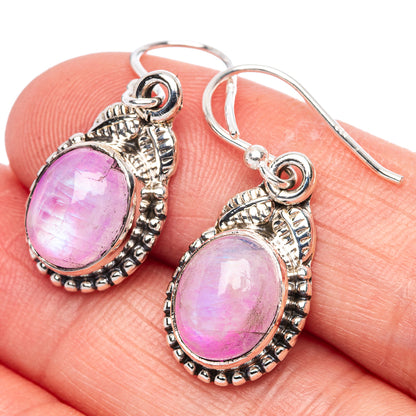 Pink oval moonstone drop earrings in 925 sterling silver with scalloped bezel and hook