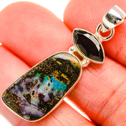 Boulder Opal, Black Onyx 925 Sterling Silver Pendant 1 3/4" (925 Sterling Silver) PD38341