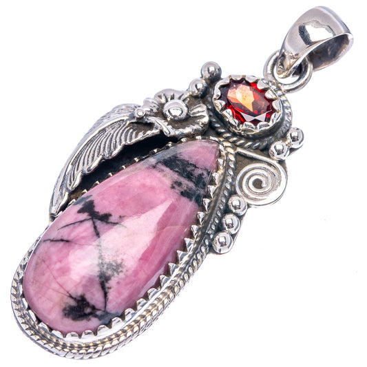 Sterling silver rhodonite teardrop pendant with red gemstone accent