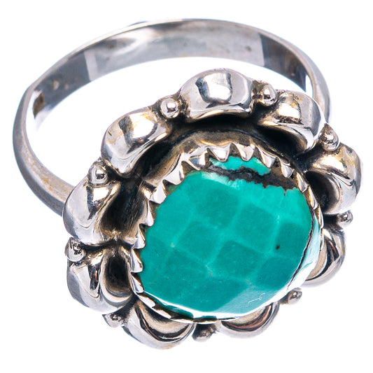 Sterling silver turquoise ring with round teal stone and ornate bezel, size 7