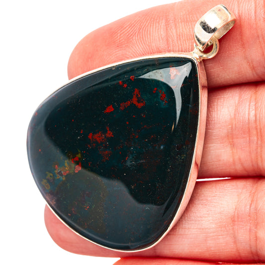 Bloodstone pendant teardrop in .925 sterling silver, dark green with red speckles