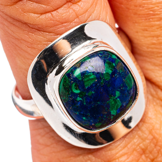 Sterling silver oval gemstone ring with blue-green azurite malachite cabochon