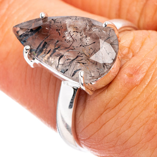 925 sterling silver ring with pear-shaped cacoxenite gemstone, prong-set