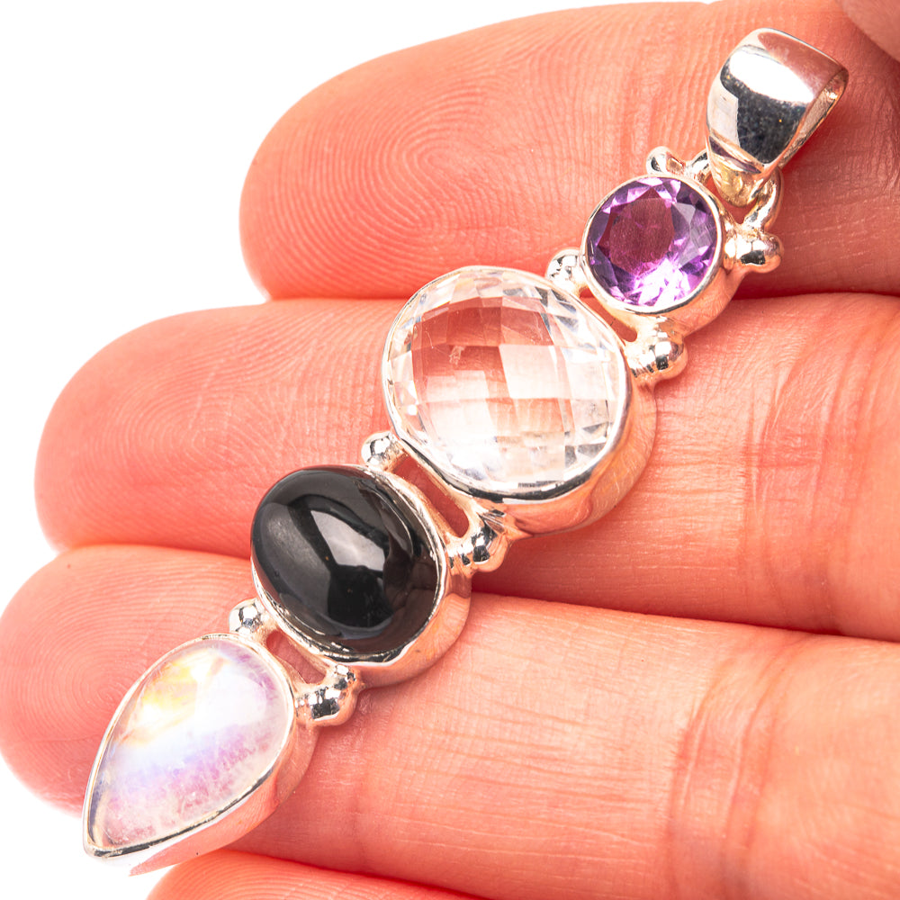 White Quartz, Star Diopside, Rainbow Moonstone, Amethyst 925 Sterling Silver Pendant 2" (925 Sterling Silver) PD38655