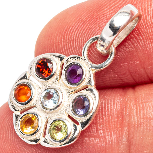 Sterling silver chakra pendant with red, orange, violet, aqua and green round stones