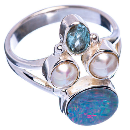 Rare Australian Fire Opal, Blue Topaz, Cultured Pearl Ring Size 7 (925 Sterling Silver) R145563
