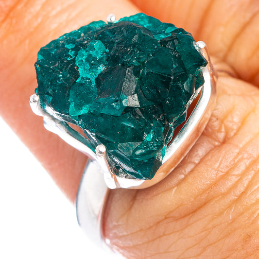 Sterling silver dioptase ring with large dark teal faceted stone, size 8