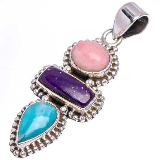 Sterling silver gemstone pendant with pink opal oval, purple and blue cabochons