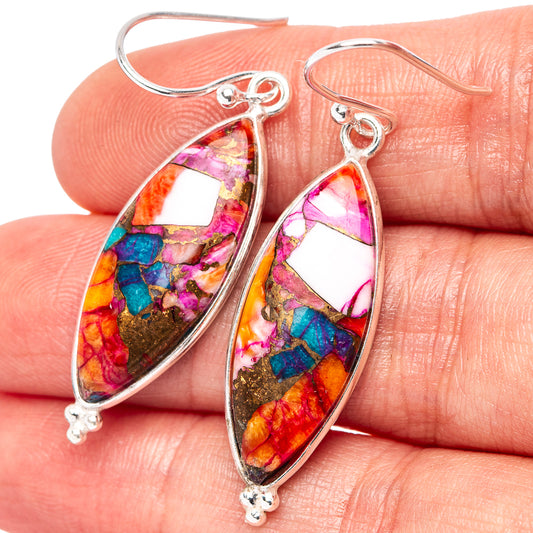 Sterling silver teardrop dangle earrings with multicolor pink, orange, blue mosaic inlay