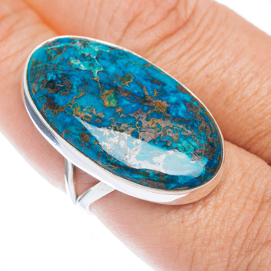 Oval shattuckite cabochon ring in sterling silver, blue turquoise with gold matrix