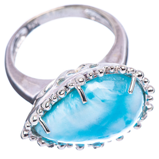 Sterling silver larimar ring, oval blue cabochon with side prong details