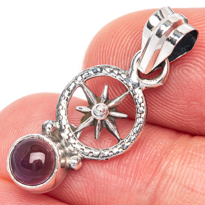 Amethyst dainty sterling silver pendant with starburst ring and round purple stone