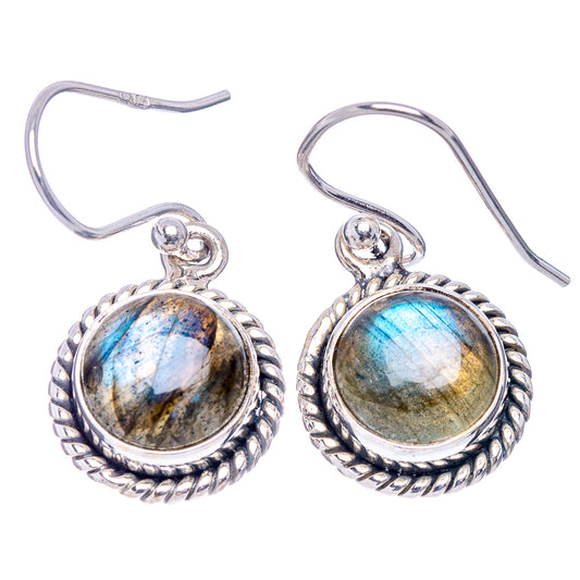 Sterling silver labradorite drop earrings, oval stone with rope border and fishhook