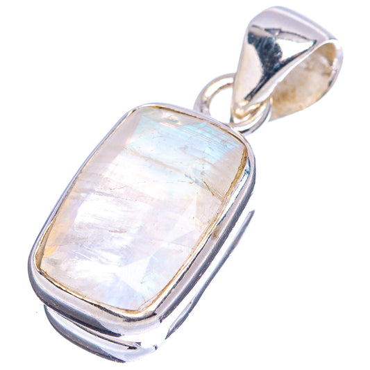 Sterling silver rectangular moonstone pendant with iridescent rainbow stone and bail