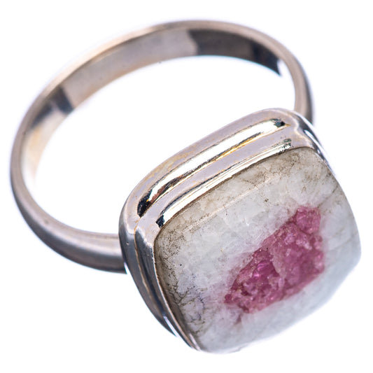 Pink tourmaline in quartz ring, .925 sterling silver band and square bezel side view