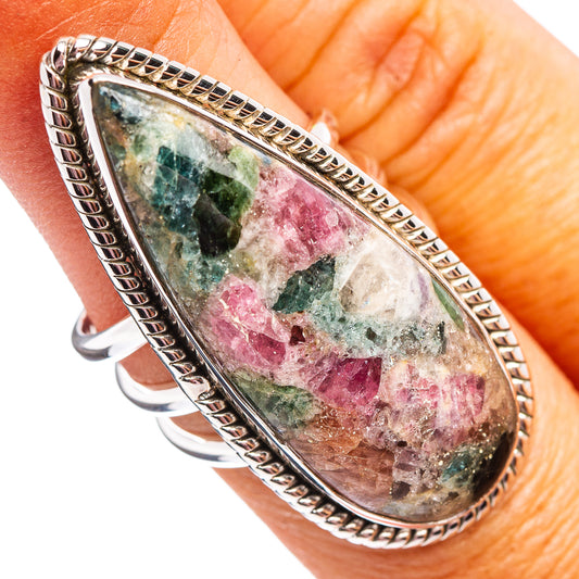 Sterling silver oval tourmaline matrix ring with green, pink, white stone in rope bezel