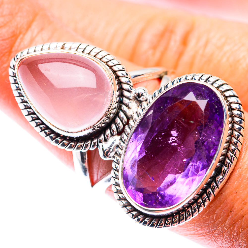 Large Faceted Amethyst, Rose Quartz Ring Size 7.5 (925 Sterling Silver) RING140263