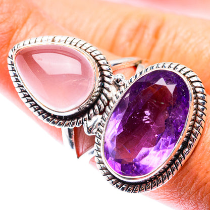 Large Faceted Amethyst, Rose Quartz Ring Size 7.5 (925 Sterling Silver) RING140263