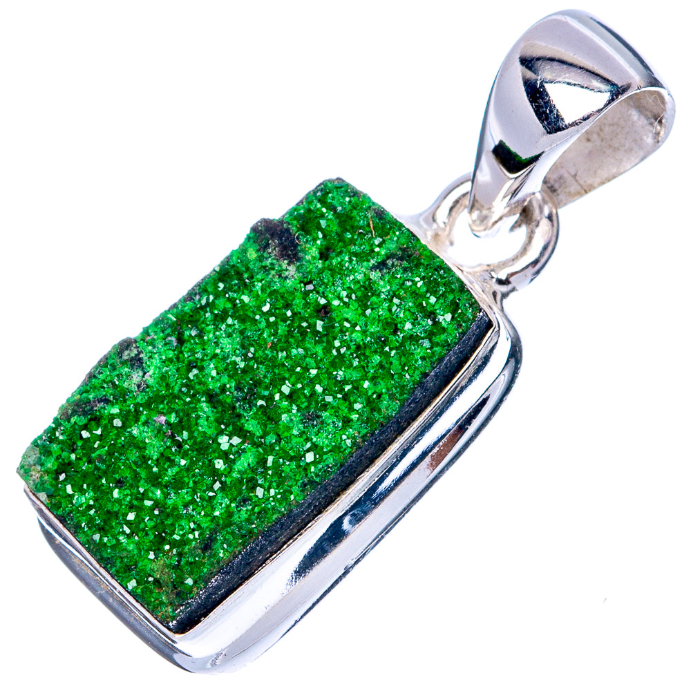 Sterling silver pendant with green rectangular druzy stone, bezel setting and bail