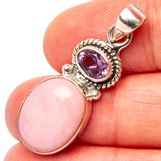 Sterling silver pendant with pink opal oval and purple amethyst round stone, ornate bezel