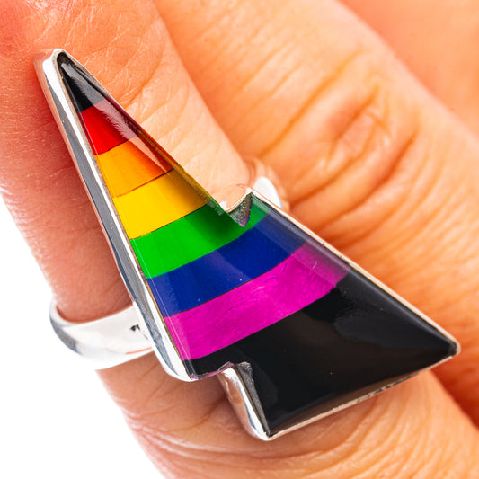 Rainbow bolt ring in .925 sterling silver, size 6, with prismatic colors on dark setting