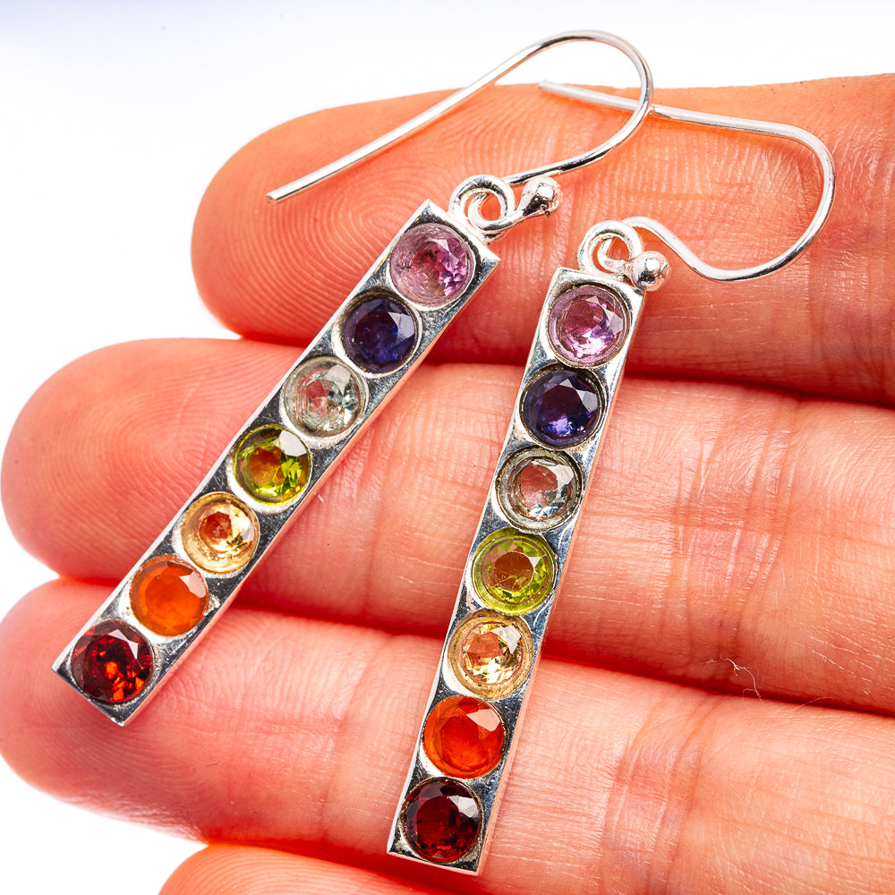 Sterling silver drop earrings with multicolor gemstone inlay, lever back hooks