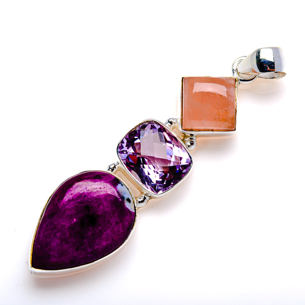 Sterling silver gemstone pendant with faceted teardrop amethyst, purple oval stone, rose quartz