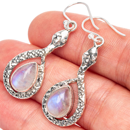 Rainbow Moonstone Snake Earrings 1 5/8" (925 Sterling Silver) E1318