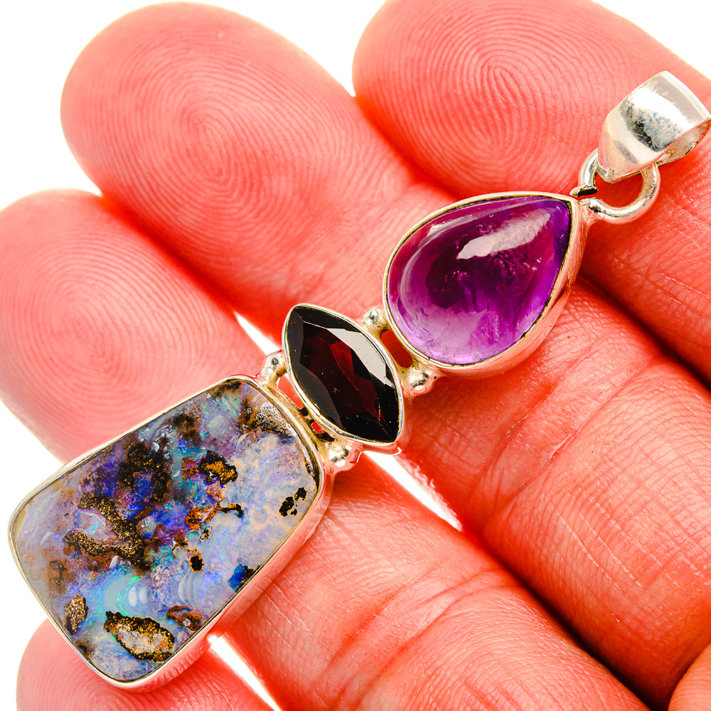 Boulder Opal, Garnet, Amethyst Pendant 2 3/8" (925 Sterling Silver) PD37971