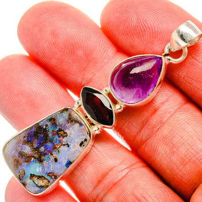 Boulder Opal, Garnet, Amethyst Pendant 2 3/8" (925 Sterling Silver) PD37971
