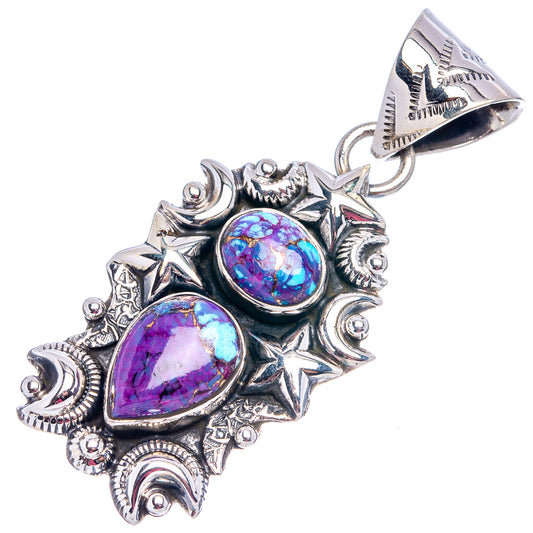 Turquoise cabochon pendant with purple teardrop stone, blue round stone, sterling silver