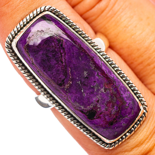 Sterling silver sugilite ring with rectangular purple stone and rope-edge bezel