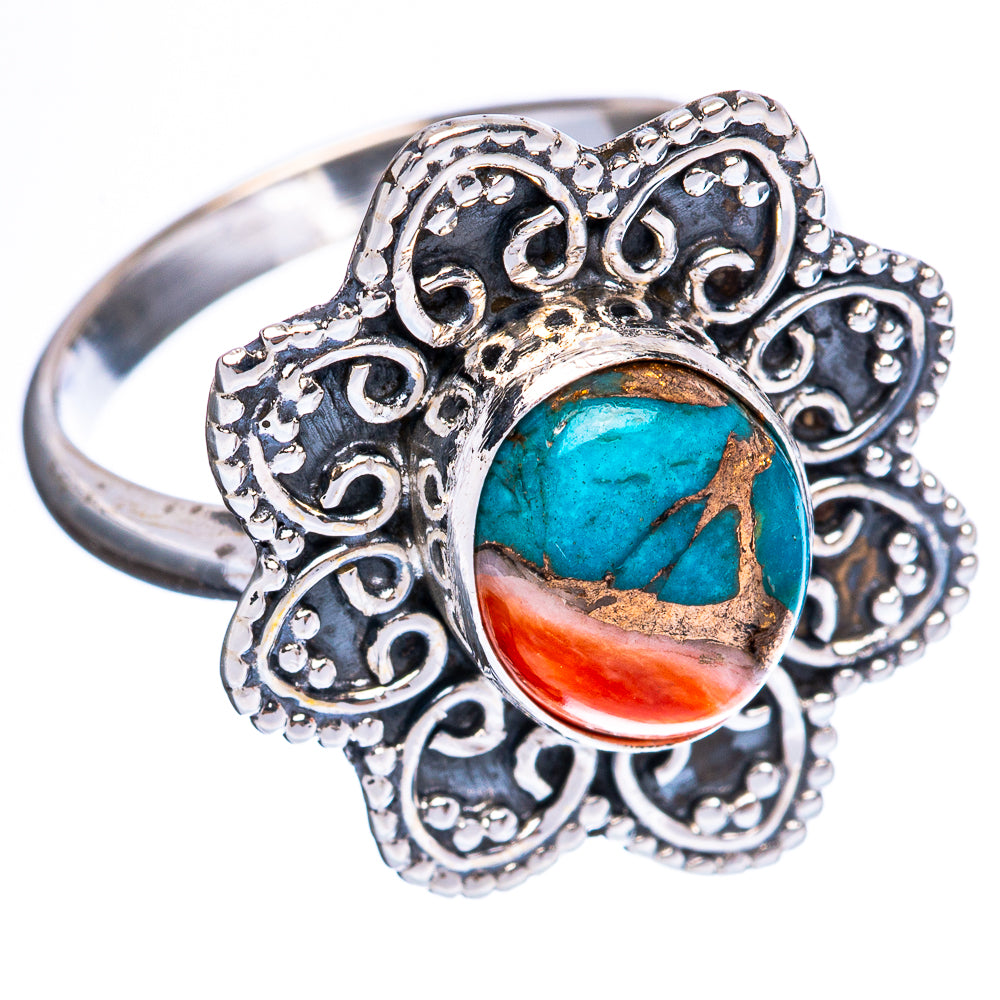 Silver filigree turquoise flower ring with cabochon oval stone and orange base