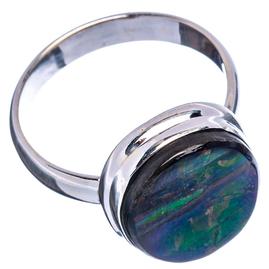 Sterling silver ammolite ring, side view of iridescent green-blue oval bezel