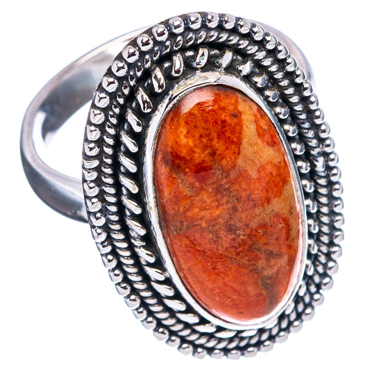 Orange oval coral stone ring, .925 sterling silver bezel with beaded rope edge