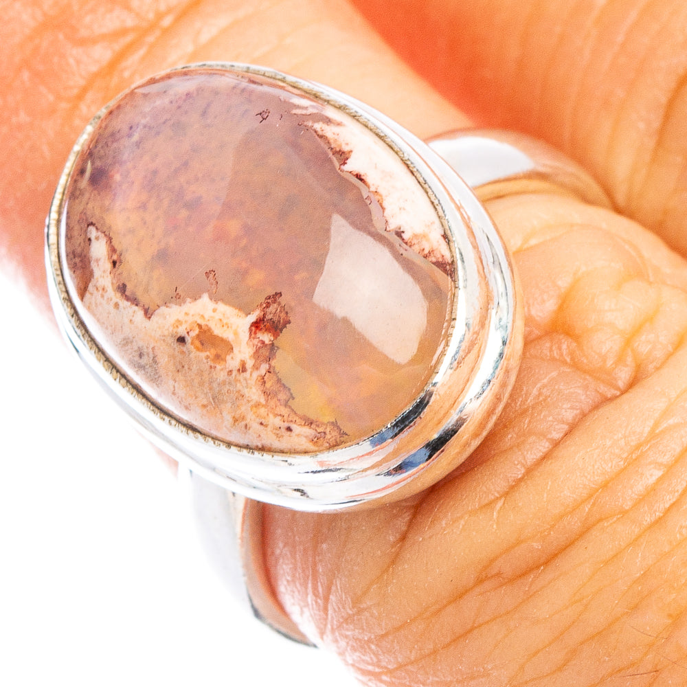 Oval fire opal ring in 925 sterling silver, brown-gray stone bezel