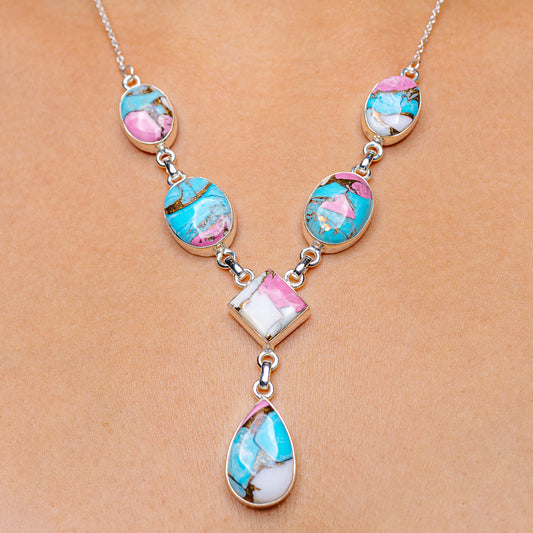 Turquoise and pink pendant necklace with teardrop charms and .925 sterling silver chain