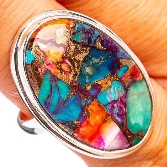 925 sterling silver oval ring with colorful turquoise mosaic stone inlay, size 9