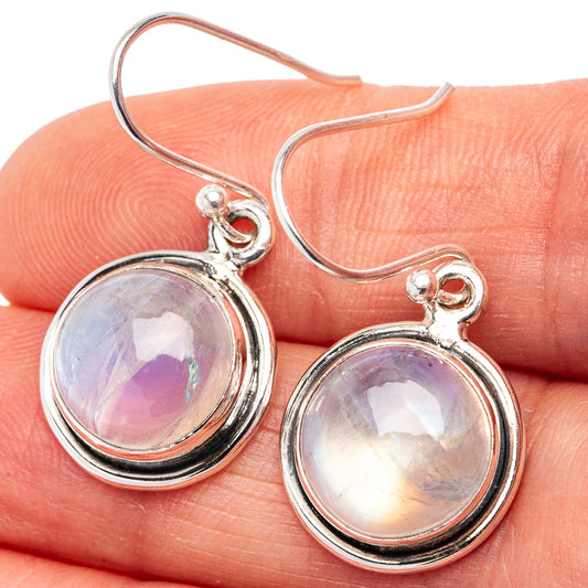 Round rainbow moonstone cabochon drop earrings in .925 sterling silver, silver hooks