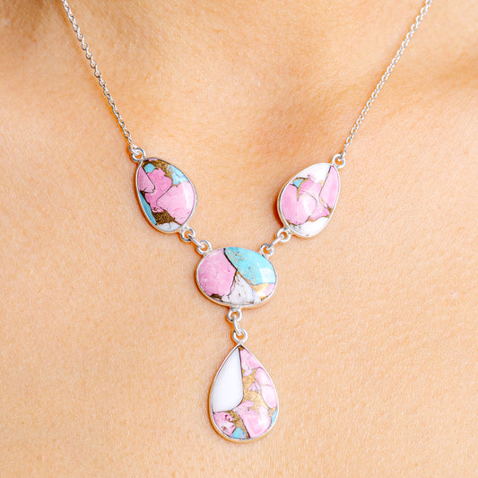 Sterling silver necklace with turquoise and pink teardrop pendant charms