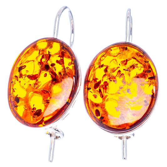 Oval Baltic amber earrings with silver hooks, glossy honey orange resin in drop setting