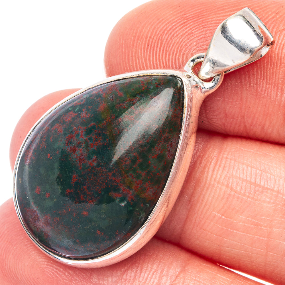 Bloodstone pendant: teardrop green stone with red specks in 925 sterling silver setting