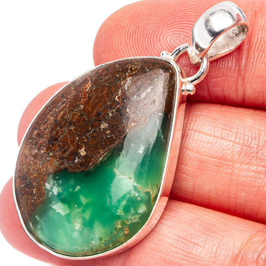 Boulder chrysoprase pendant with teardrop green stone in .925 sterling silver bezel