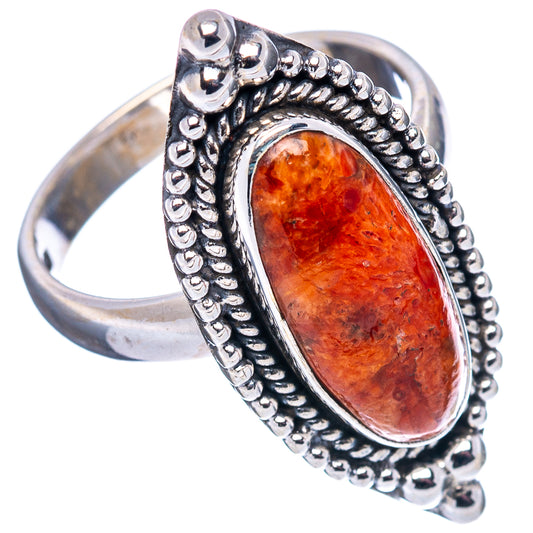Coral sponge ring .925 sterling silver with oval orange stone, beaded halo and band