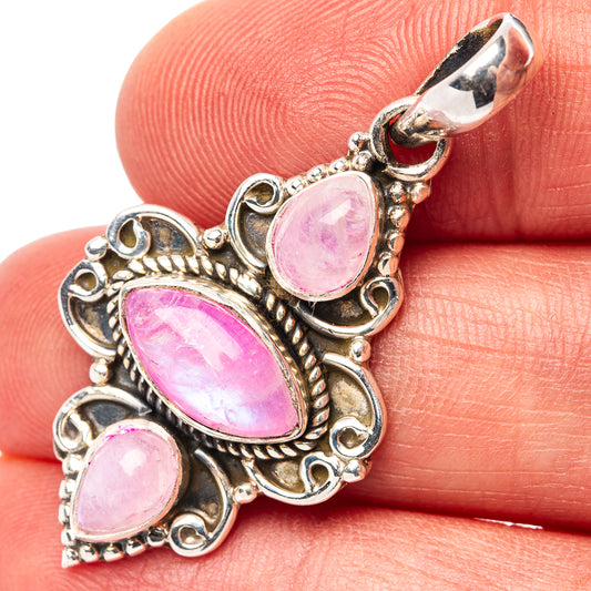 Sterling silver pink moonstone pendant with oval pink stones and scalloped border