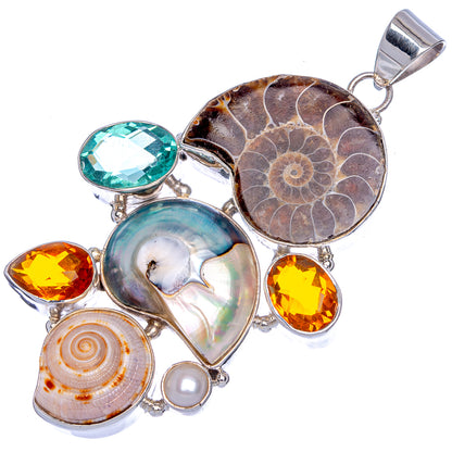 Huge Ammonite Fossil, Ocean Sea Shell, Blue Topaz, Citrine Pendant 2 5/8" (925 Sterling Silver) P40116