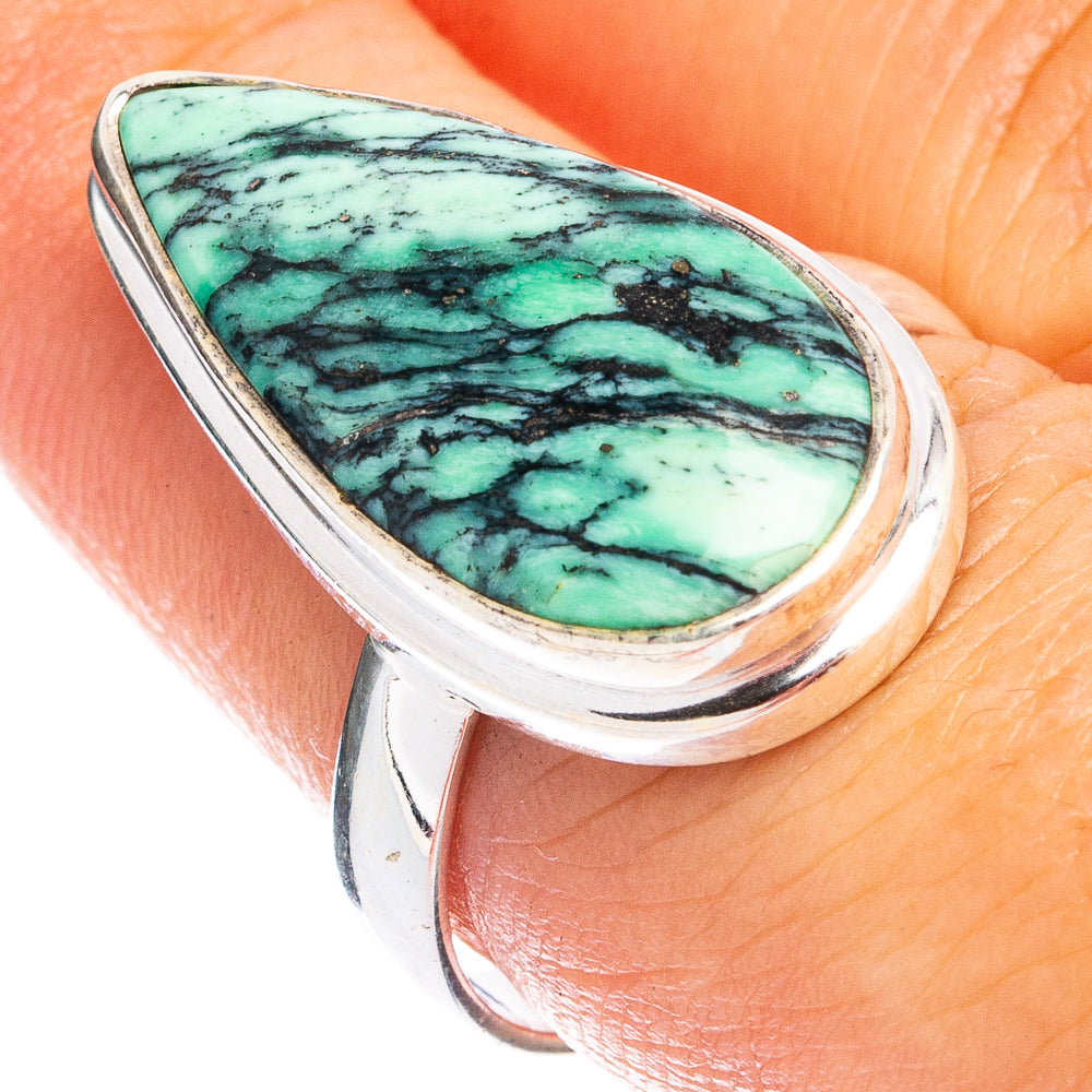 Sterling silver variscite ring with teardrop green stone cabochon, hinged-style band