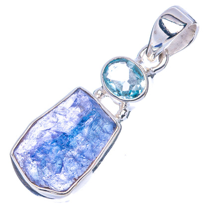 Sterling silver pendant with rough blue-purple tanzanite rectangle and oval blue topaz