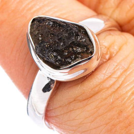 925 sterling silver moldavite ring with dark rough stone, size 8.75