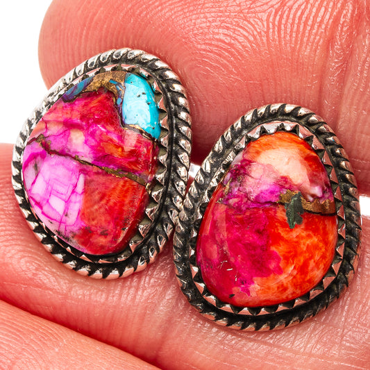 Oval turquoise & fuchsia stone stud earrings, .925 sterling silver bezel